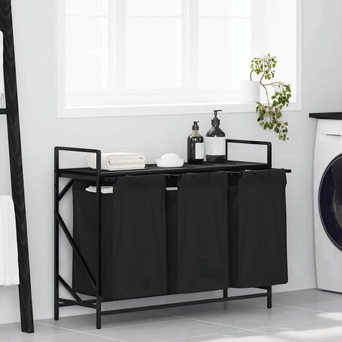 Wasmand – Laundry Basket – Wasbak – Wasbox – Laundry Hamper – 3 Compartiments – Zwart Eikenhout – Stalen Frame – Met Opbergrek — afbeelding 1