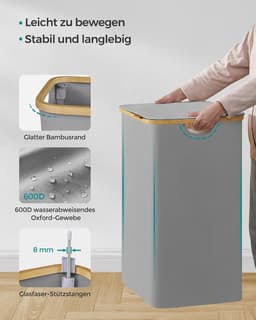 SONGMICS LCB513G01 Wasmand met Deksel, Wasmand met 2 Compartimenten, 130 L, Afneembare Waszak, Oxford Stof, Bamboe Handgrepen, Opvouwbaar, 52 x 38,5 x 70,5 cm, Duif Grijs — thumbnail 5
