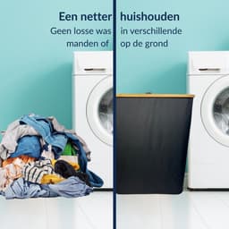 Bamboe Wasmand met Deksel, Katoenen Zak en Handvaten - 72L - Natuurlijk Bruin — thumbnail 2