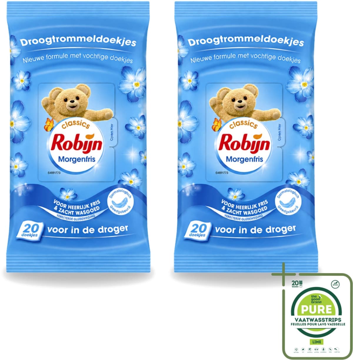2 x Robijn – Droogtrommeldoekjes – Morgenfris - 20 Doekjes - Grootverpakking - Vaatwasstrips - Droogtrommeldoekjes - Wasgoed Drogen - Frisse Geur - Wasgoed Verzorgen - Kleuren Beschermen — afbeelding 1