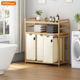 Wasmand 148L met 3 Vakken - Bamboe Wassorteerder met 2 Opbergplanken en Afneembare Waszak - 77,5 x 41,3 x 100,5 cm - Voor Badkamer, Slaapkamer en Wasruimte - Beige — thumbnail 4