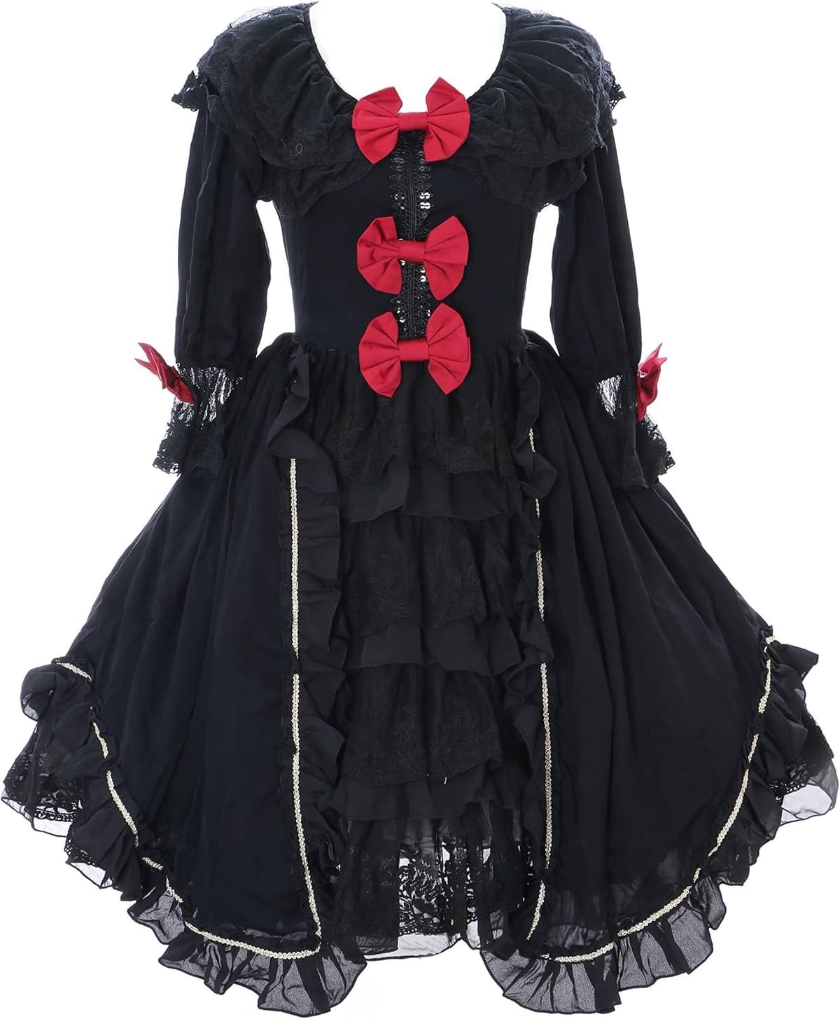 Zwarte ruches chiffon jurk Rococo Victorian Gothic Lolita Cosplay (maat L) — afbeelding 1