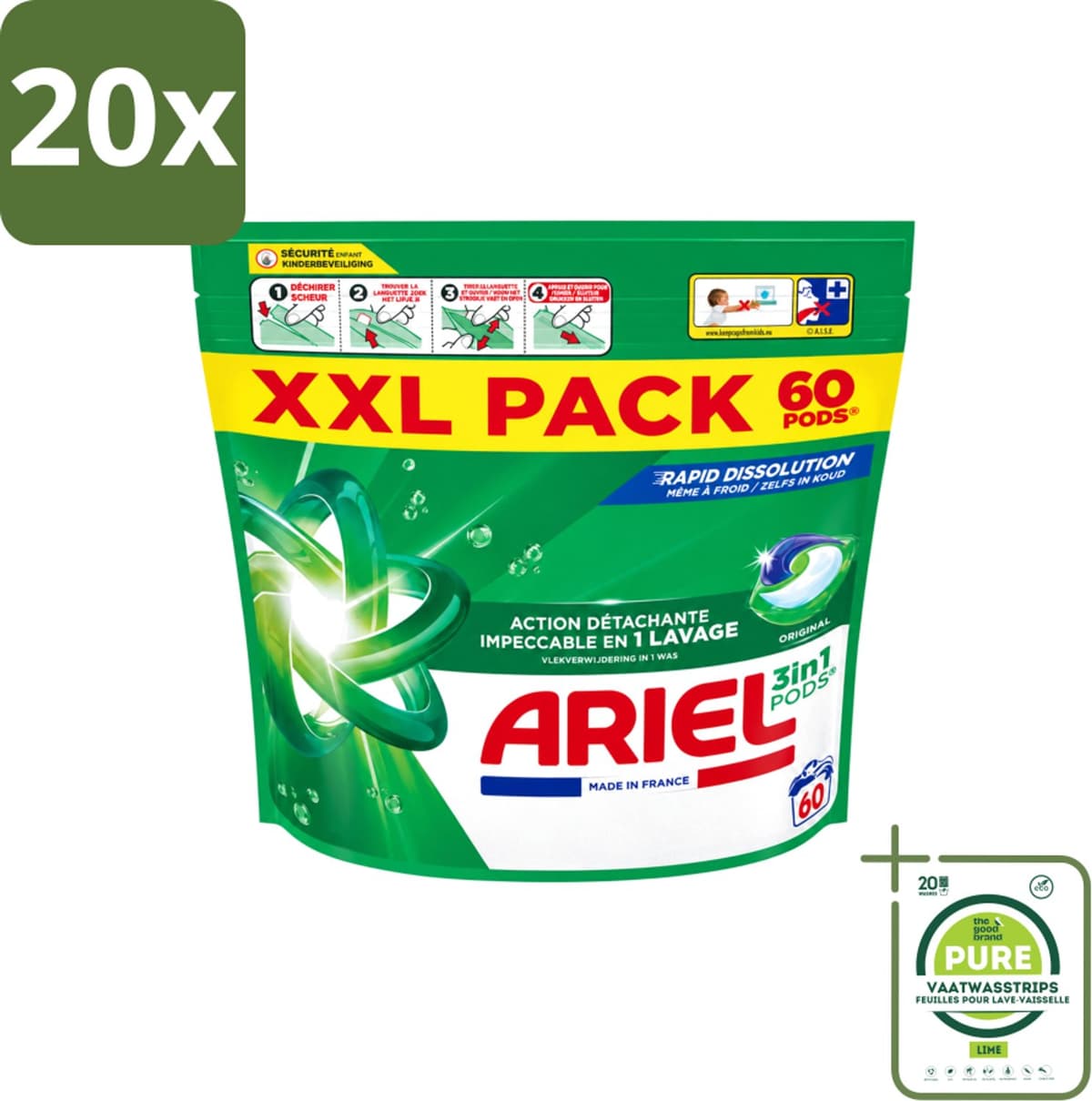 20 x Ariel – Pods 3in1 – Original – 60 wasbeurten - Grootverpakking - Vaatwasstrips - Ariel 3in1 Pods - Wasmiddel Capsules - Krachtige Vlekverwijdering - Koud Wassen - Wasmiddel Voor Kleding — afbeelding 1