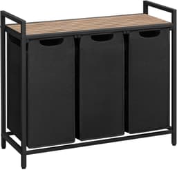 Wasmand Wasgoedmand 87,7 x 33 x 72 cm Zwart+bruin 3 vakken van 40 L voor gescheiden opbergen Met verstelbare poten, uittrekbare en afneembare binnenzak, zijvak en roosterplank Gemakkelijk te monteren en reinigen Geschikt voor wasruimte en badkamer — thumbnail 1