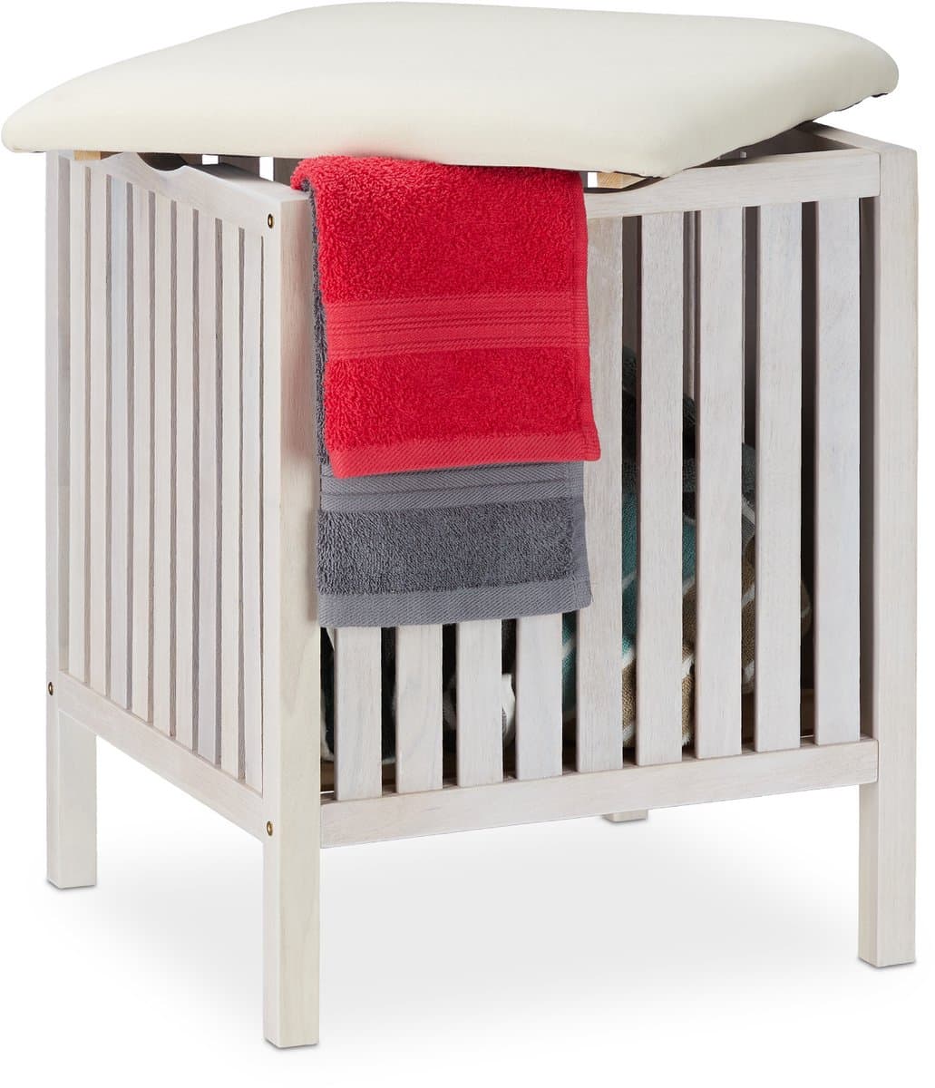 Stabiele wasmand met zitting - multifunctioneel - 1 stuk - wit/crème - hout/stof - 53x41x41 cm — afbeelding 1