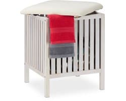 Stabiele wasmand met zitting - multifunctioneel - 1 stuk - wit/crème - hout/stof - 53x41x41 cm