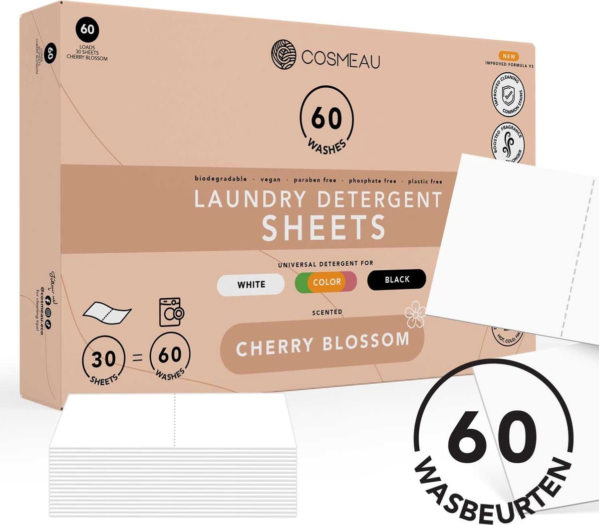 Cosmeau Wasmiddel Wasstrips 60 Wasbeurten Kersenbloesem G5 - Cherry Blossom - Wasvellen - Wasmiddeldoekjes - Detergent Sheets - Wasdoekjes — afbeelding 1