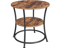 Bijzettafel - rond - 2 planken - diameter 55 cm - zwart met bruin - metaal en houtlook