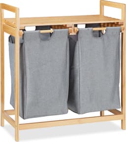 dubbele wasmand - op poten - 2 vakken - 2x 30 liter waszak - bamboe wassorteerder - natuur-grijs — thumbnail 2