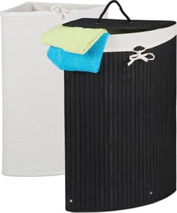 wasmand bamboe - 60 l - opvouwbaar - met deksel en 2 stoffen waszakken - 66 x 49,5 x 37 cm - natuur — thumbnail 3