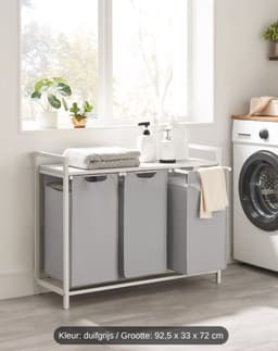 Wasmand 3 Vakken, Wasverzamelaar met Plank, Wasdoos, Oxford Doek Waszak Afneembaar, Metalen Frame, 3 x 38 L, 92.5 x 33 x 72 cm, Vintage Duifgrijs — thumbnail 3