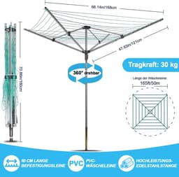 Droogmolen Paraplu - Buitendroger Waslijn - Kleding Drogen - Eenvoudig Opvouwbaar - 40 meter lijn - Grijs — thumbnail 5