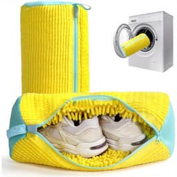 2 Schoenwaszak - wasbak - waszak schoenen - waszakjes met rits - Cilindrische waszak - Vormvaste waszak - Herbruikbaar - Met ritssluiting en ophanglus - 39 x 19 cm - Geel - Stof — thumbnail 1
