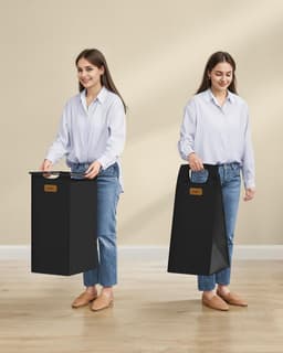 Wasmand met 3 compartimenten, 150 liter wasmand, wassorteerder, wielen, waswagen met planken, waszak met uitneembare zakken, 6 labels, kastanjebruin, inktzwart en duifgrijs BLH312B01 — thumbnail 4