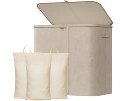 Wasmand met Deksel, Grote Opvouwbare Wasmand 3 Vakken met Uitneembare Zakken, Laundry Basket voor Slaapkamer, Badkamer, Studentenhuis en Wasruimte, 145L, Beige