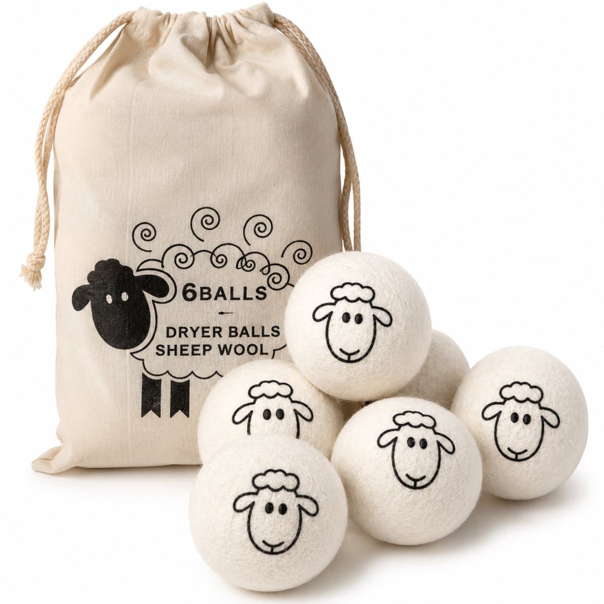 Drogerballen - 6 Stuks - Herbruikbare Wasdrogerballen - 100% Schapenwol - 7 cm - Minder klitten en kreukels - Met Opbergzak - Wit — afbeelding 1