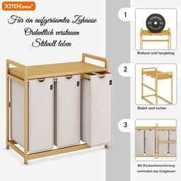 3 vakken 148L Met planken | grote vierkante wasverzamelaar van bamboe, wasbox, visueel aantrekkelijke wassorteerder in 77.5X41.3X77.5 CM grijs — thumbnail 3