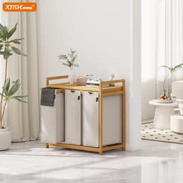 3 vakken 148L Met planken | grote vierkante wasverzamelaar van bamboe, wasbox, visueel aantrekkelijke wassorteerder in 77.5X41.3X77.5 CM grijs — thumbnail 4
