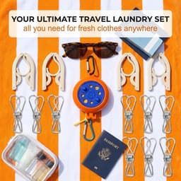 16-delige reiswaslijn set met 10 m uittrekbare waslijn, 5 opvouwbare kleerhangers en 10 roestvrijstalen klemmen, winddicht en ruimtebesparend, ideaal voor camping, hotel, balkon en camper — thumbnail 3