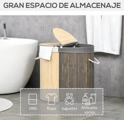 ITRONIQ Wasmand Met Deksel 100 Liter - Dubbele Wasbox Met Twee Compartimenten - Uitneembare Waszak - Bamboe - Grijs Naturel — thumbnail 3