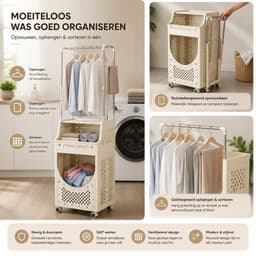 Noventra - Wasmand - met Kledingrek - Wasmand met Rek - Opvouwbare Wasmand - Waswagen met Wielen - Wasgoed Organizer - 3-Laags - Crème — thumbnail 2
