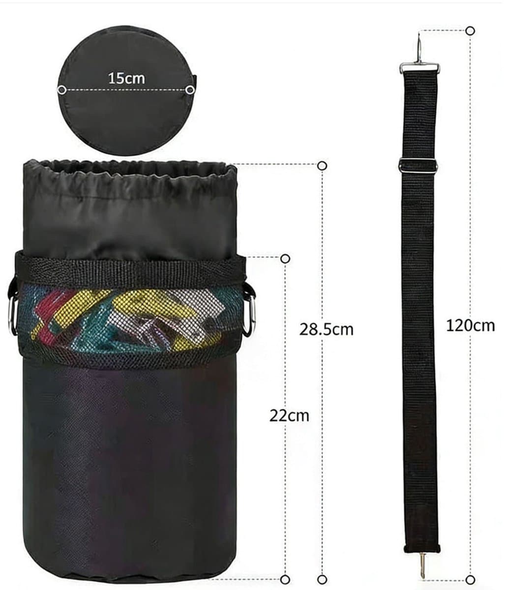 Wasknijpertas om op te hangen, 22 x 15 cm, met trekkoord, voor maximaal 150 tot 200 wasknijpers, voor het opbergen van wasknijpers binnen en buiten, zwart — afbeelding 1
