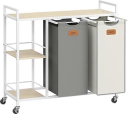 Wasmand, 2 vakken, wasmand 100 l, bak, wieltjes, trolley met planken, tas, afneembare zakken, 6 etiketten, natuurlijk beige, duifgrijs en crèmewit BLH311G01 — thumbnail 1