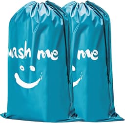 Opbergzak voor Vuile Wasgoed - 2 Stuks - 70 x 45 cm - Opvouwbare Reiswaszak - Met Trekkoord - Polyester - Praktische Opbergzak voor Vuile Wasgoed - Geschikt voor Reis, Slaapzalen en Thuis - Blauw — thumbnail 1