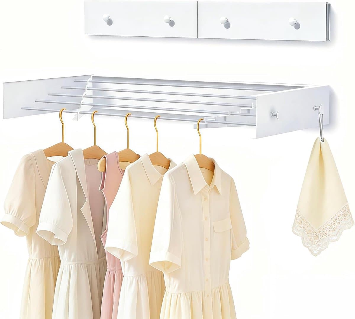 Drying rack, wall mounted carbon steel, 60 cm, extendable clothesline with 4 hooks, load capacity 25 kg, space-saving - ShopVlot — afbeelding 1