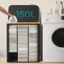 Wasmand, wasgoedmand, sorteermand 60 x 38,5 x 70,5 cm zwart, grote capaciteit van 150 l, 3 vakken voor sorteren en opbergen, met handvatten, deksel en uitneembare mesh binnenzak, opvouwbaar en ruimtebesparend, voor slaapkamer, badkamer en wasruimte — thumbnail 5