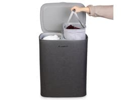Jubbly® - Wasmand - Wassorteerder - Wasmand met Deksel - Wasmand 2 vakken - Wasmand opvouwbaar - Wasbox - 50 Liter - Grijs - The Splitsmart
