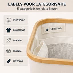 Noventra - Wasmand 100 Liter - Wasmand met Deksel - Wasmand met Waszak - Bamboe Rand - Opvouwbaar - Wasgoed Wasmand - Kledingmand - Wasmand Badkamer - Wit — thumbnail 4