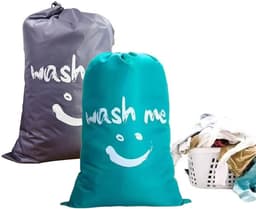 SnelShoppen - Set van 2 Reiswaszakken - Grote Trekkoord Waszakken - Opvouwbare Waszak voor Vuile Was - Camping Waszak - 61 x 91 cm (Grijs, Blauw) — thumbnail 1