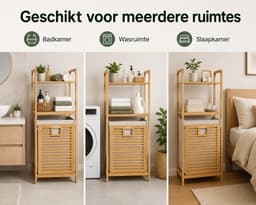 HEM Bamboe Badkamerrek met Wasmand 40x30x95 cm - Wasmandrek met 2 Opbergplanken - Badkamer Organizer - Inclusief Microvezeldoekje — thumbnail 2