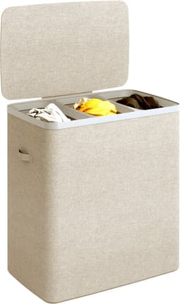 MAZAZU Wasmand 3 Vakken 120L – Deksel & Wassorteerder met Uitneembare Zakken - Beige — thumbnail 2