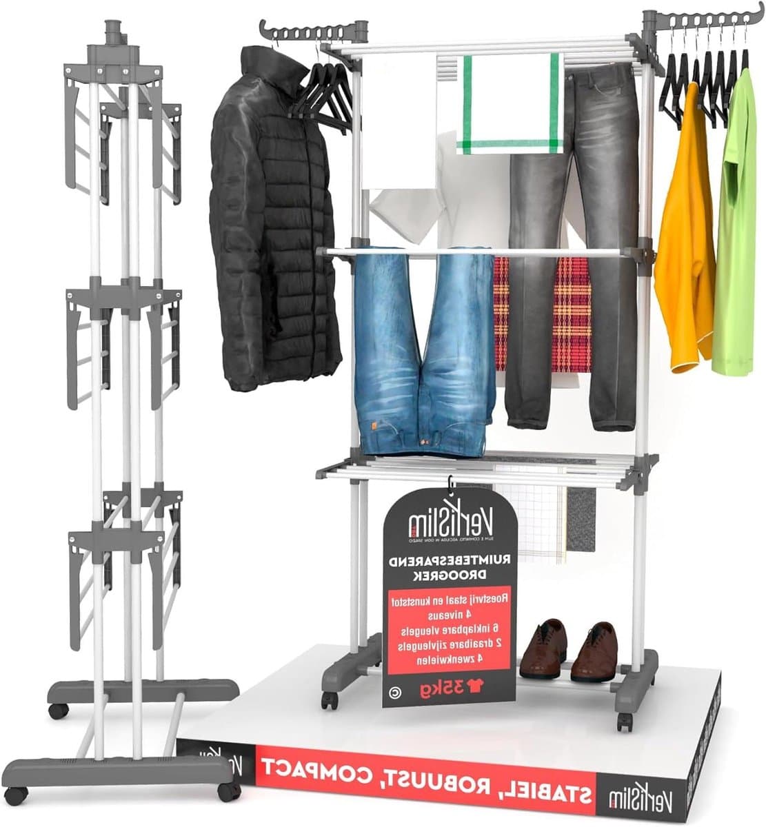 Verticaal Droogrek - Opvouwbaar Droogrek - Was Drogen - Met Wielen - 173 cm Hoog - Grijs — afbeelding 1