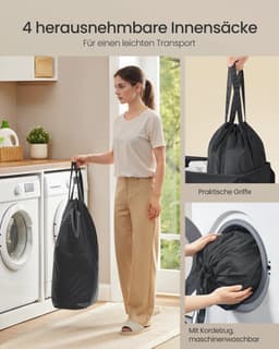 Golaro Wasmand - Wasmand met deksel - Wassorteerder - Wasmand 4 vakken - Wasmand zwart - Met labels en uitneembare waszak — thumbnail 2