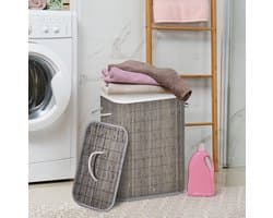 MEUNIQ Wasmand 83L van bamboe met deksel, uitneembare waszak en handgrepen, opvouwbare smalle wasbox 43 x 32 x 61 cm voor badkamer, slaapkamer of wasruimte, grijs