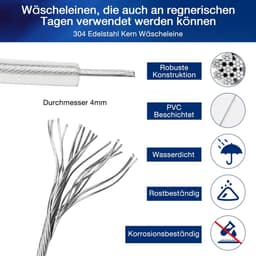 Dailygoods- Waslijn Extra Sterk - Waslijn met Stalen Kern - Roest- en Corrosiebestendig - Geschikt voor Buitengebruik - Capaciteit 120 kg - 4 mm Dikte - Wasdraad — thumbnail 3