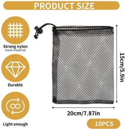 Dailygoods - TIESOME 10 stuks kleine nylon mesh trekkoordtas, zwarte mesh trekkoordtas reiszakken mesh opbergzak mesh trekkoord waszak voor wassen strandspecelgoed schelpen verzamelen golf 20 x 15 cm — thumbnail 3