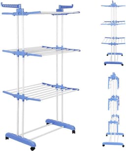 Mobiel Wasrek - Droogtoren Opvouwbaar - Kleding Drogen - Met Zijvleugels - 75 x 64 x 170 cm - Blauw Wit — thumbnail 5