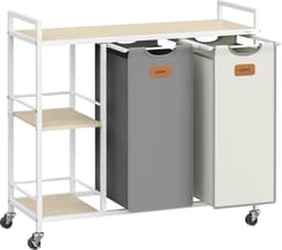 Wasmand, 2 vakken, wasmand 100 l, bak, wieltjes, trolley met planken, tas, afneembare zakken, 6 etiketten, natuurlijk beige, duifgrijs en crèmewit BLH311G01 — thumbnail 2
