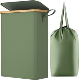Smalle Wasmand Met Deksel 50L - Bamboe Wasbox Met Uitneembare Waszak En Handgreep - Ruimtebesparende Laundry Basket Voor Slaapkamer, Badkamer En Wasruimte - Stijlvolle Wasverzamelaar — thumbnail 1
