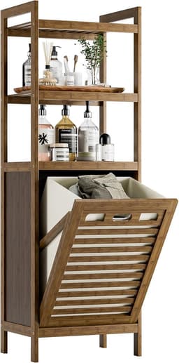 Wasmand kast bamboe met 3 planken uitneembare wasmand opbergkast ruimtebesparend badkamerkast 119 cm — thumbnail 1