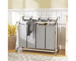 MEUNIQ wassorteerder met 4 vakken 160L, wasmand op wielen met uitneembare waszakken en metalen frame, 97 x 38 x 81 cm, grijs, voor badkamer wasruimte