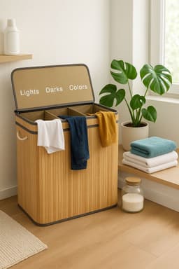 Ceruzo Wasmand 3 Vakken – Bamboe Wassorteerder 100L – Wasbare Binnenzak – H60 cm – Naturel — thumbnail 3