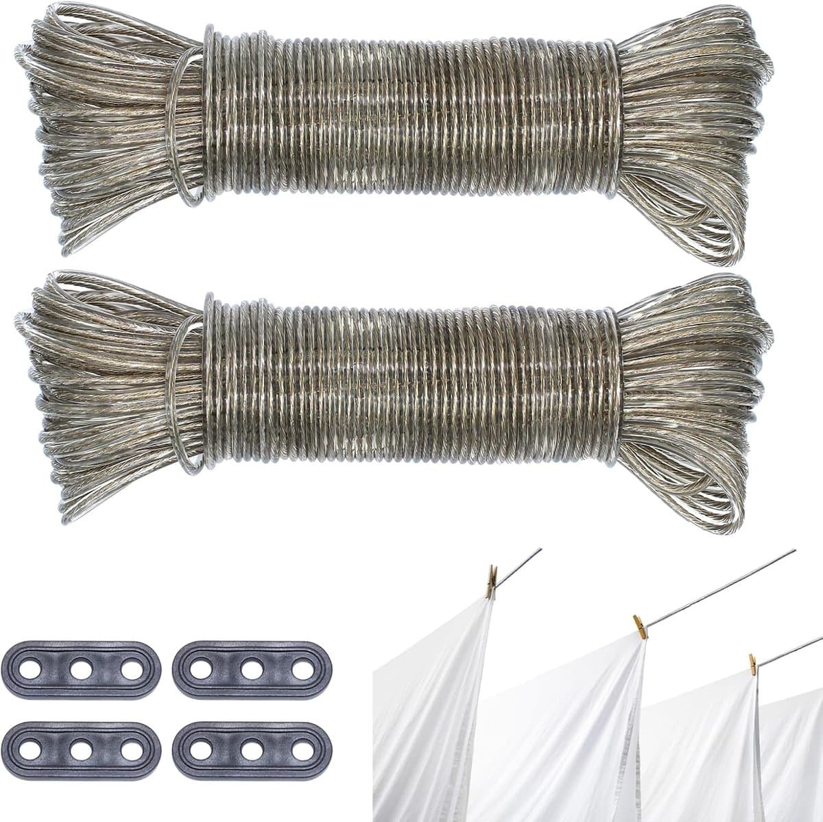 2 Pieces Waslijn met Stalen Kern - 20 m Zware Duurzame Scheurbestendige Kledinglijn met 2 Spanners voor Huishouden - Tuin - Balkon - Kamperen — afbeelding 1