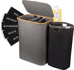 Sivableu Wasmand Zwart 3 vakken – Wassorteerder – 160L – 3 uitneembare zakken – Wasmand met Deksel – opvouwbaar - Laundry Basket - Wasbox - Bamboe - Labels — thumbnail 1