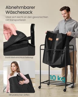 Furnstar Wasmand - Wasmand met wieltjes - 2 vakken - 140L wassorteerder - Beweegbare waswagen - Met 5 etiketten - Voor bijkeuken slaapkamer badkamer - Inktzwart — thumbnail 4