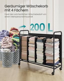 Furnstar Wasmand - Wasmand met wieltjes - 4 vakken - 200L wassorteerder - Beweegbare waswagen - Met 5 etiketten - Voor bijkeuken slaapkamer badkamer - Inktzwart — thumbnail 4